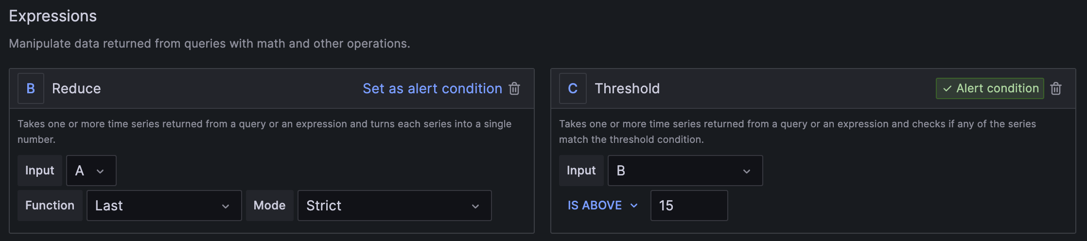 Alert Expression Expression section showing B "reduce" with Input: A, Function: Last, Mode: Strict, C Threshold with Input: B, Is Above: 15 and Alert Condition enabled indicator