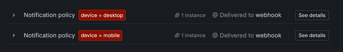 Routing preview of matched notification policies Screenshot showing a routing preview of matched notification policies, detailing how alerts are matched and routed to specific notification channels