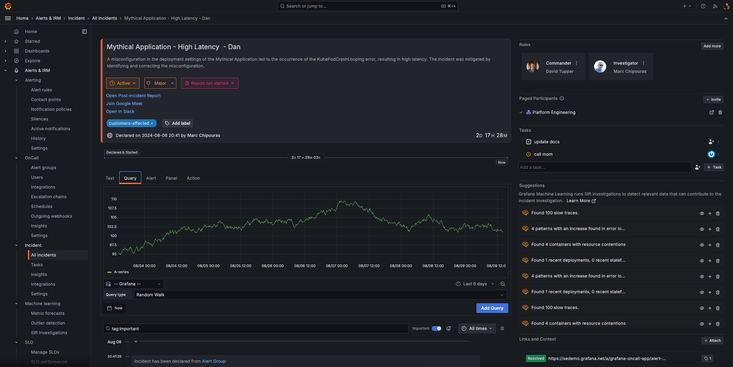 Incident timeline view in Grafana Incident