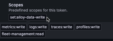 One section of the Alloy installation workflow in the Fleet Management interface in Grafana Cloud where a cursor hovers over the `set:alloy-data-write` scope to show that this scope includes scopes for `metrics:write`, `logs:write`, `traces:write`, `profiles:write`, and `fleet-management:read`.