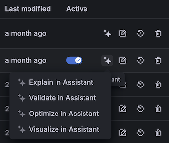 One section of the Remote configuration page in the Fleet Management interface in Grafana Cloud where a menu shows the tasks that Grafana Assistant can perform on the selected configuration pipeline. The four options are Explain in Assistant, Validate in Assistant, Optimize in Assistant, and Visualize in Assistant.