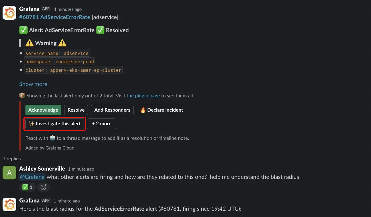 An IRM alert group message in Slack with the Investigate this alert button and Grafana Assistant's reply in the alert group's thread