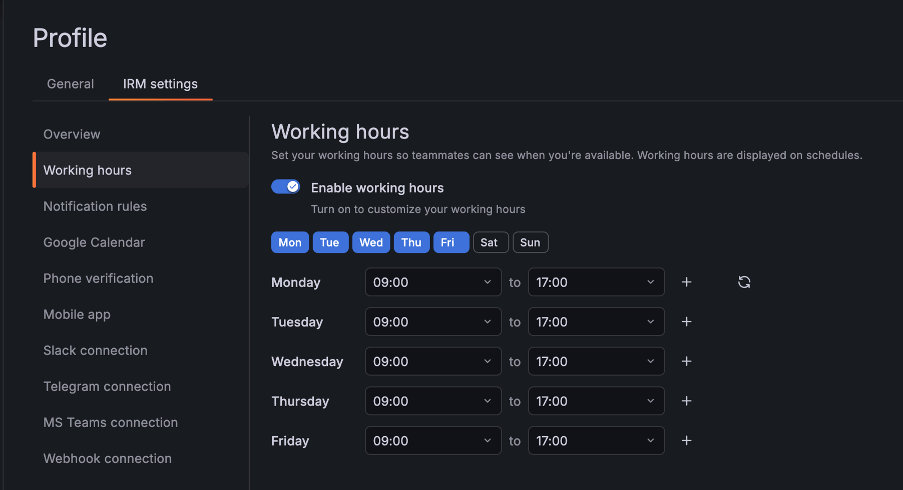 Screenshot of IRM settings with Working hours enabled, showing default hours set to 09:00–17:00.