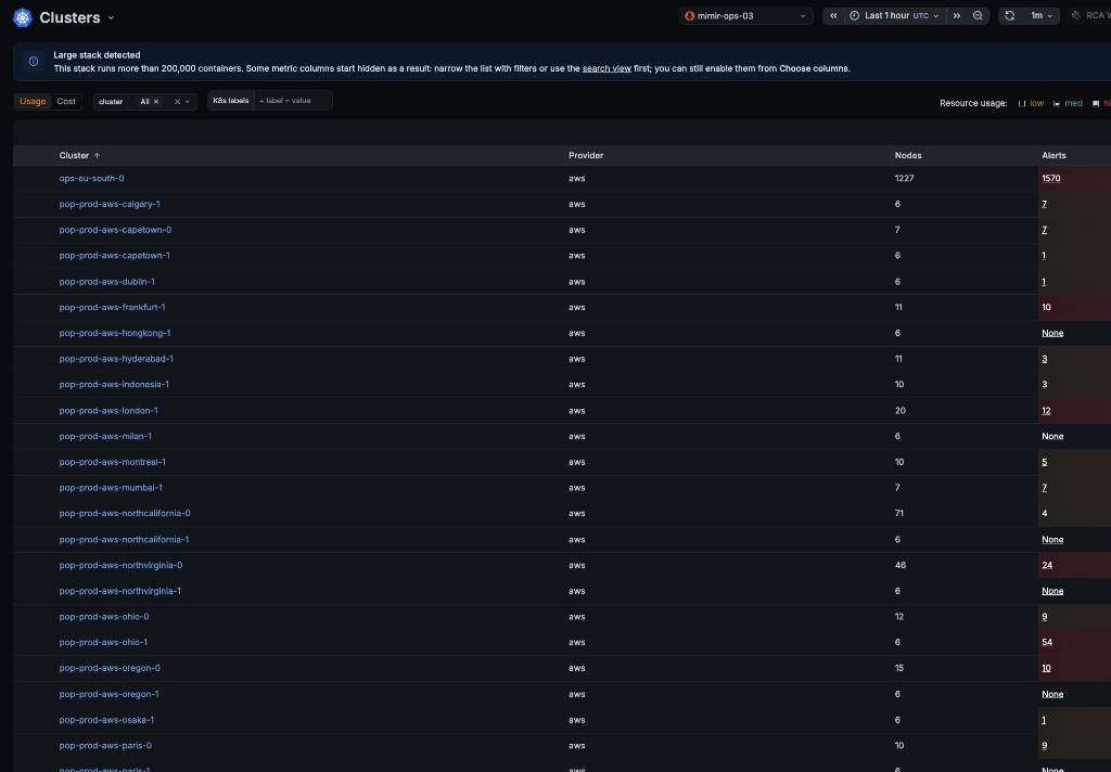 Clusters list on a large stack, with the Large stack detected banner Clusters list on a large stack, with the Large stack detected banner