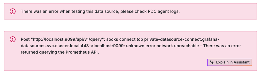 Example of a PDC error in the data source configuration UI
