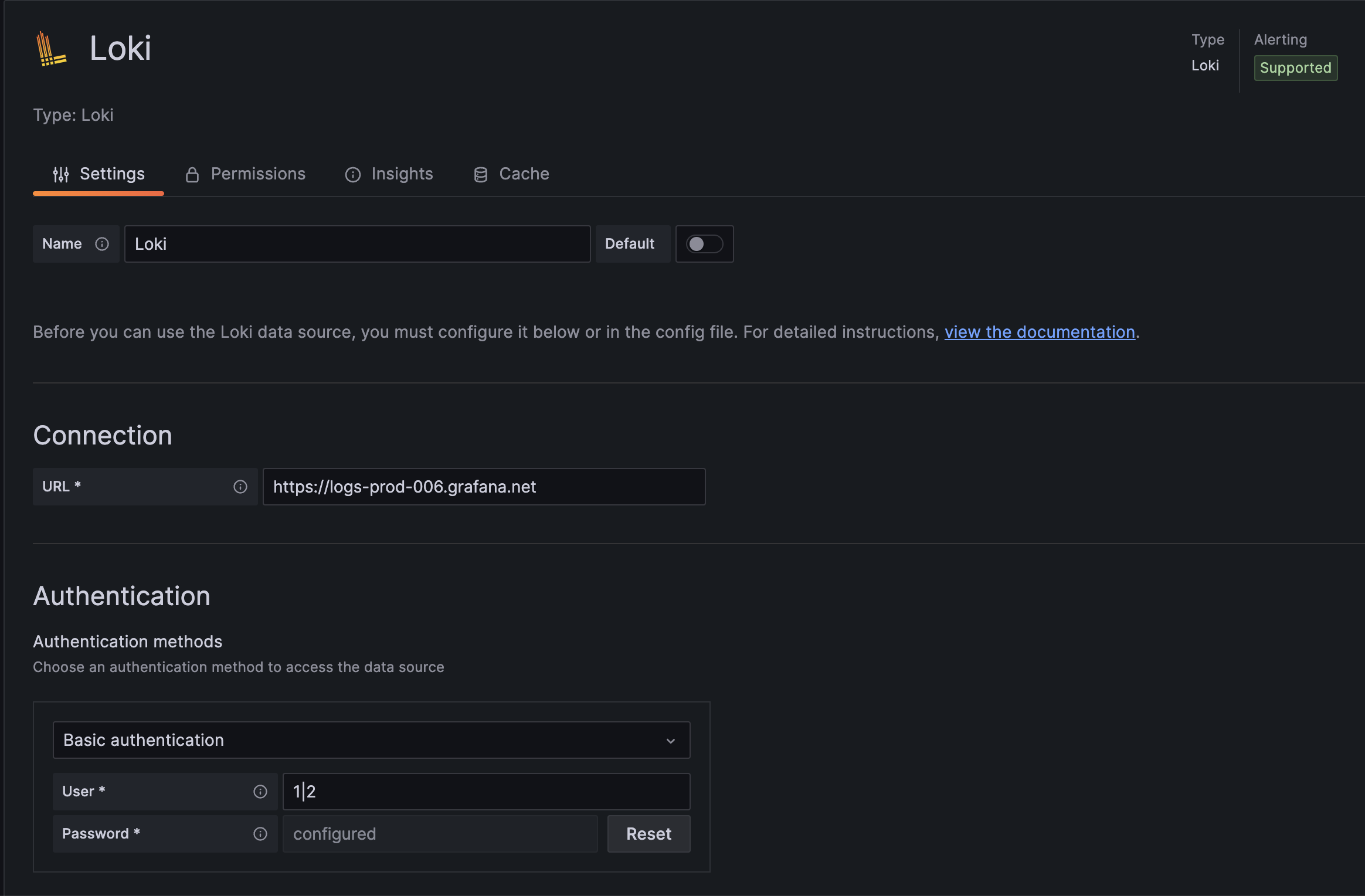 An example of a configured Loki data source. Configured Loki data source in Grafana