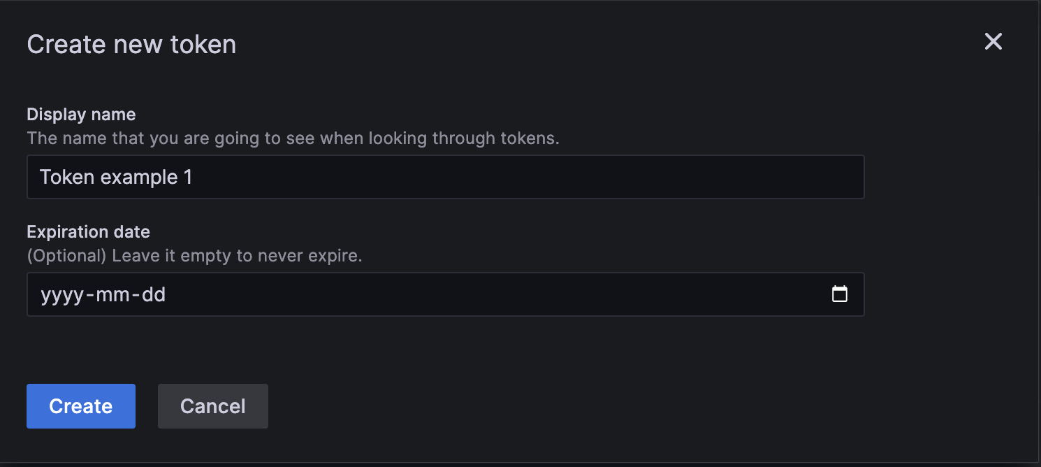 Create a new token dialog Create a new token dialog