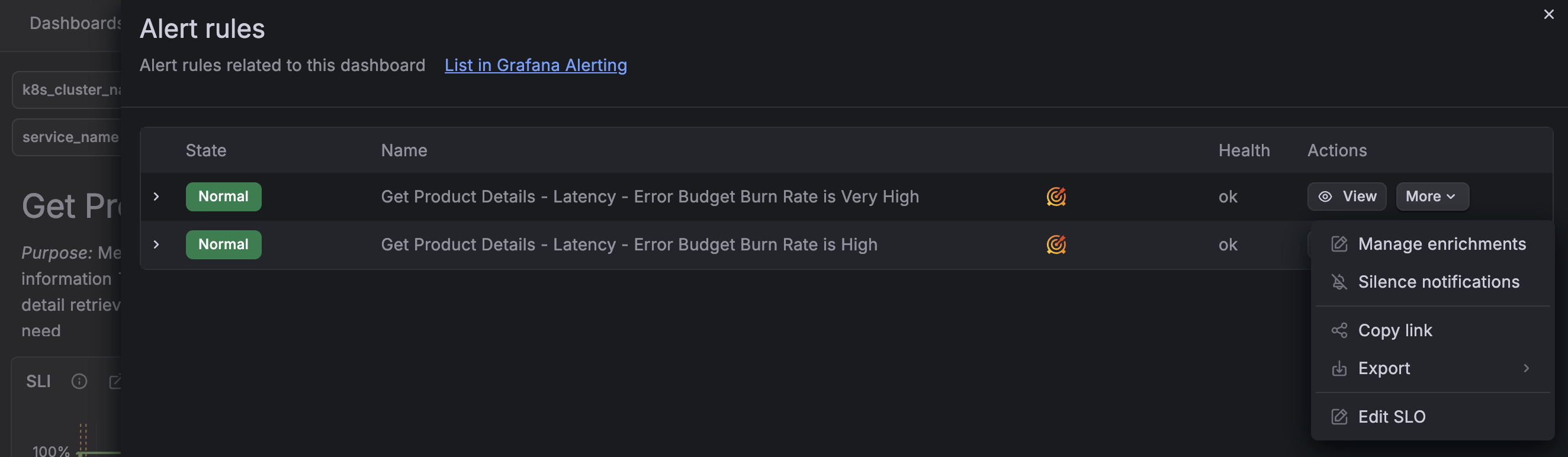 The SLO dashboard showing the state of burn-rate alerts from the sidebar menu