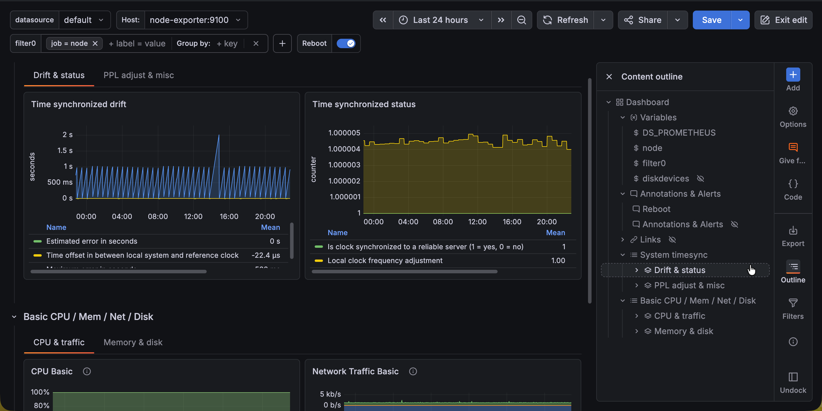 Dashboard with content outline expanded