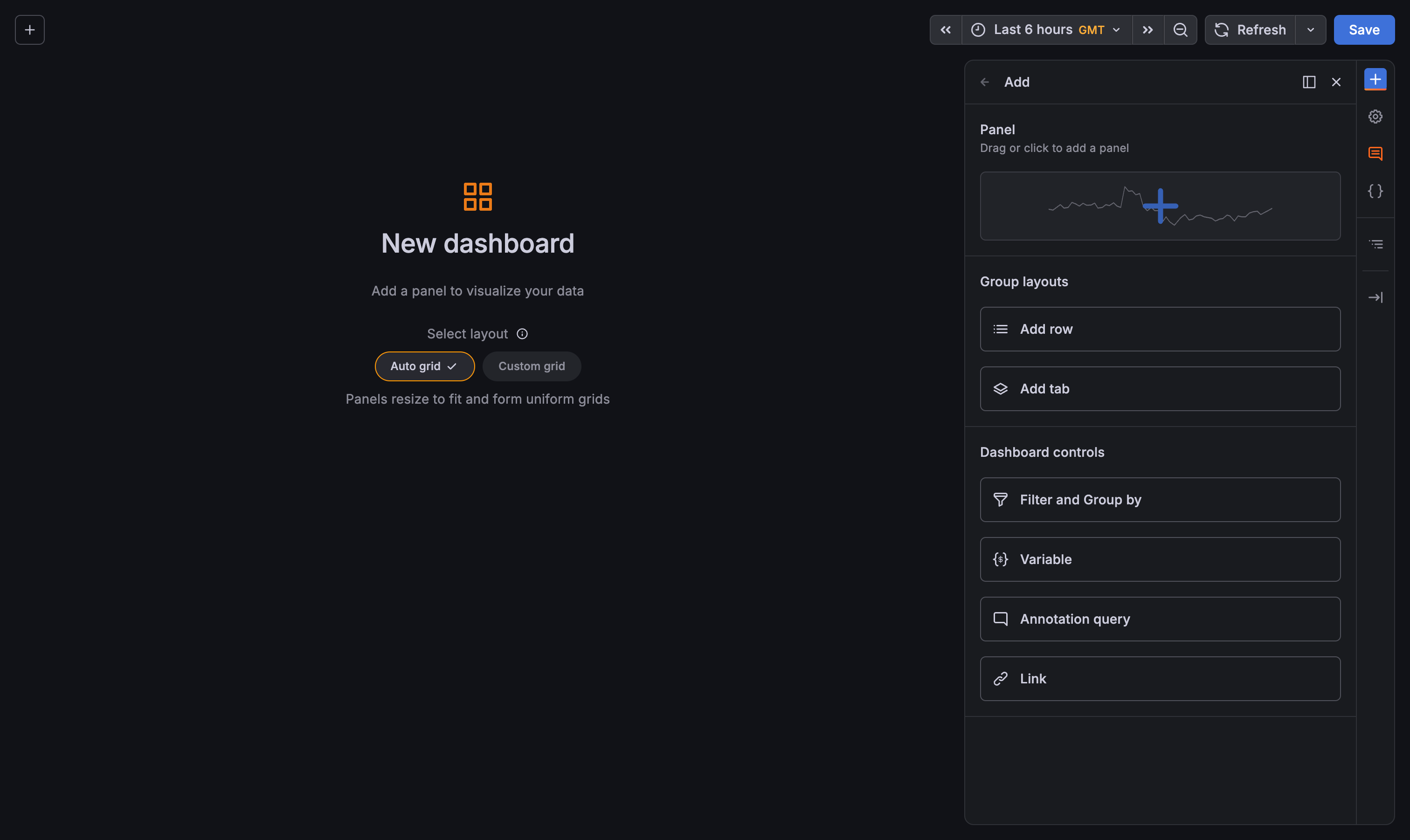 Empty dashboard with sidebar open