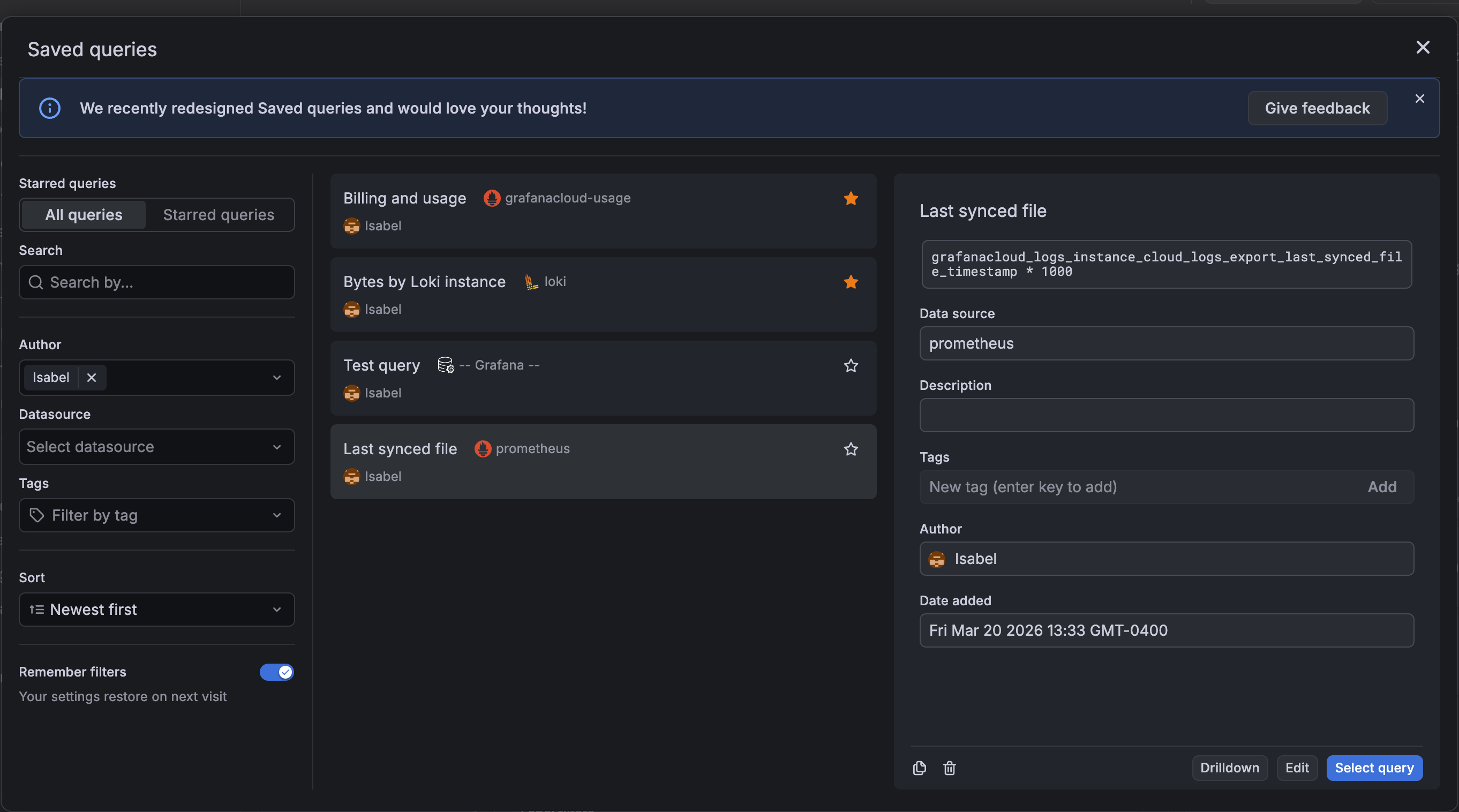 List of saved queries