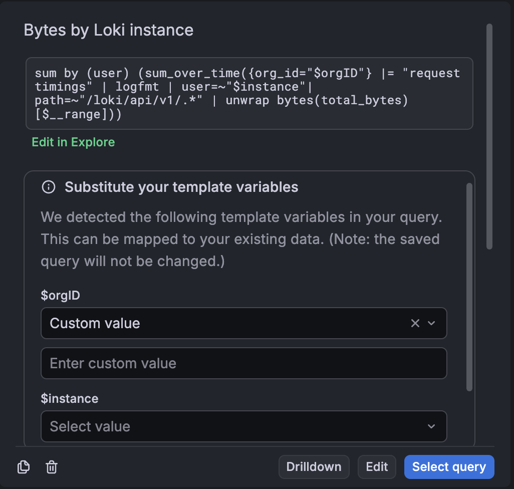 A saved query with substituted variables