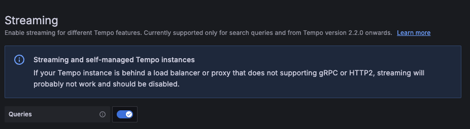 Streaming section in Tempo data source