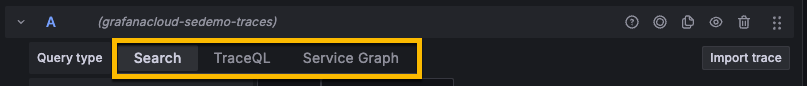 The three query types: Search, TraceQL, and Service Graph
