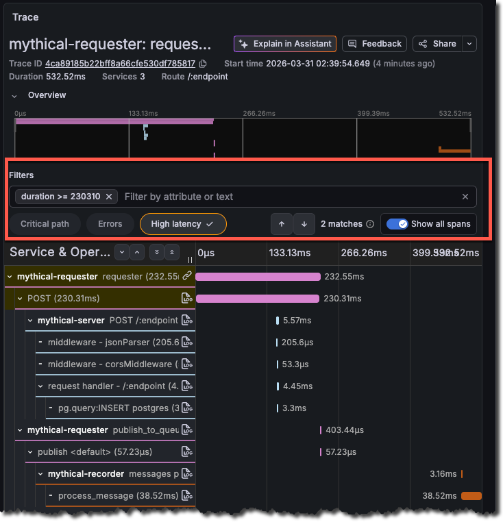 The Filters section in the trace timeline viewer showing the filter drop-down, quick filter pills for Critical path, Errors, and High latency, navigation arrows, match count, and Show all spans toggle.