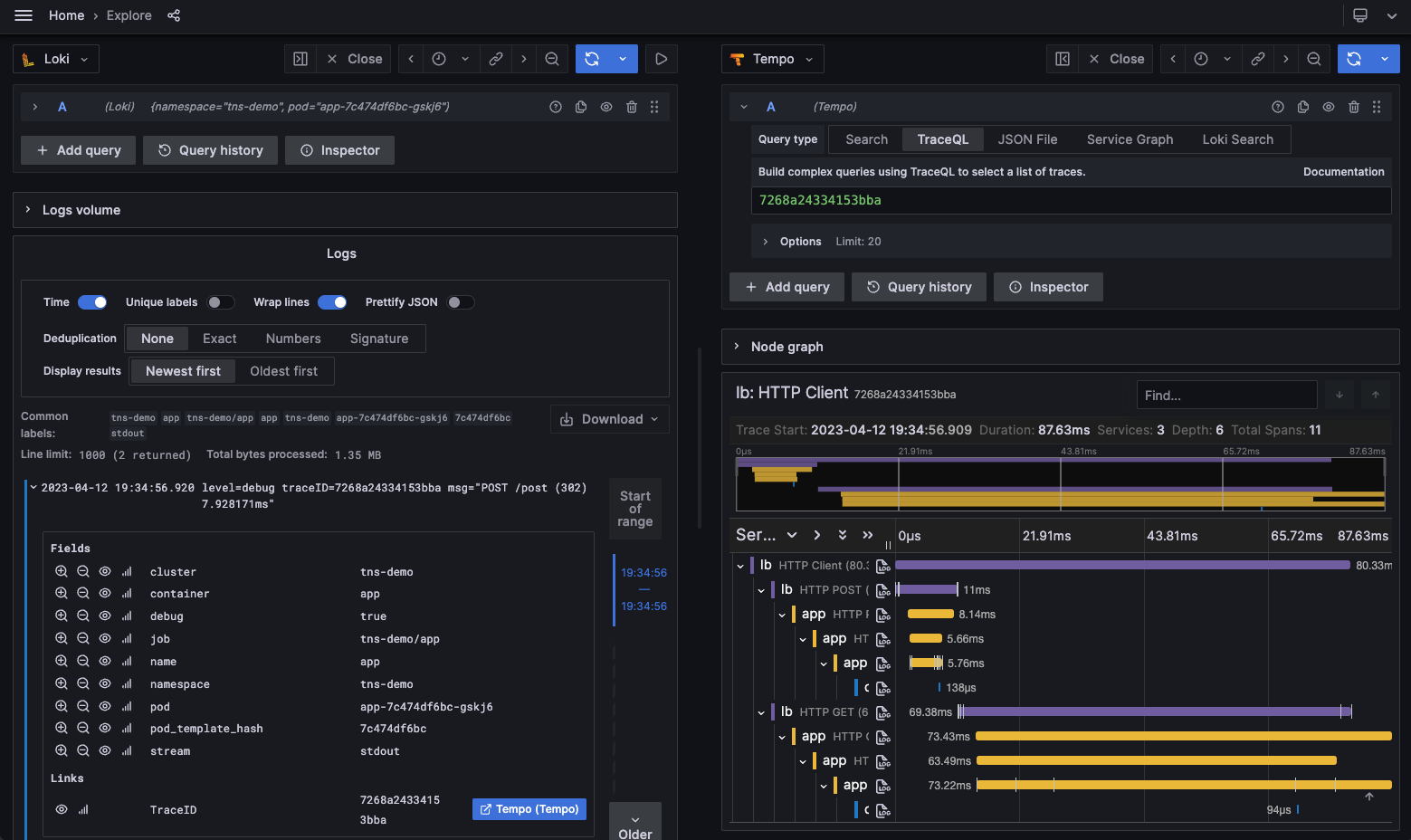 Explorer view with panel showing trace details Explorer view with panel showing trace details