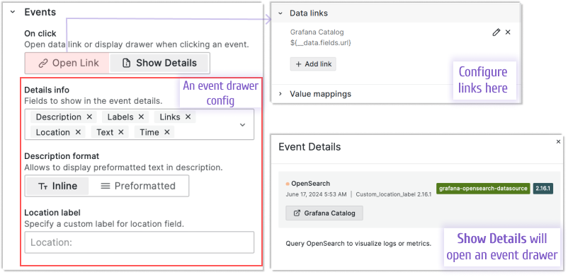 The On click parameter determines the plugin action when you click an event.