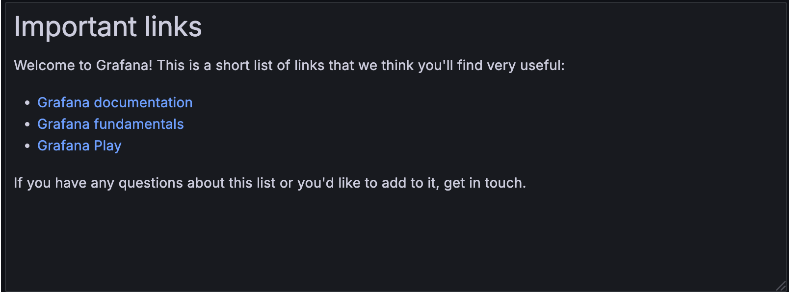 A text panel showing important links