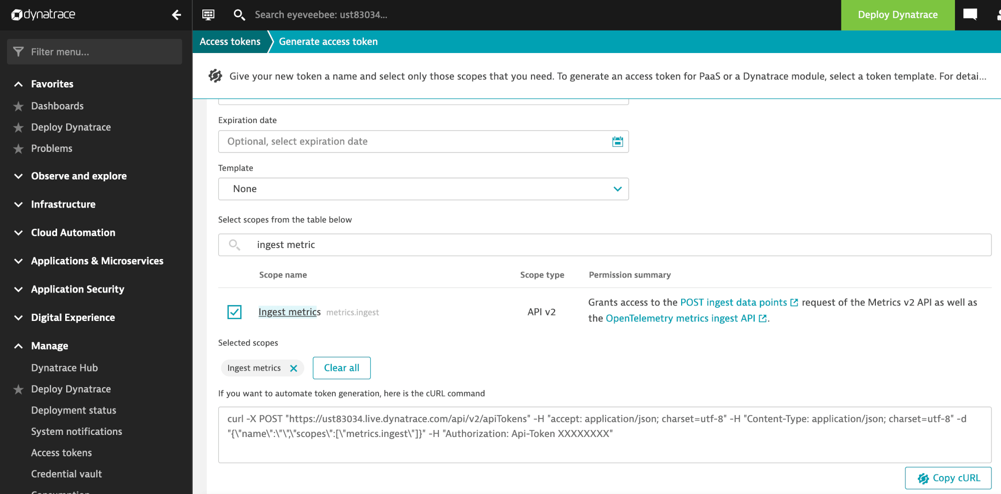 Dynatrace API token