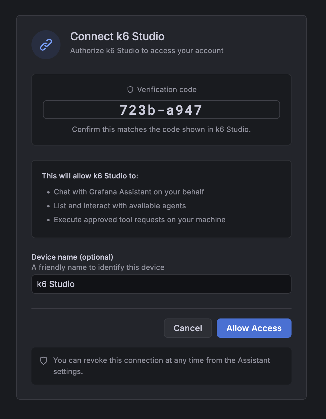 Permission approval dialog in Grafana Assistant