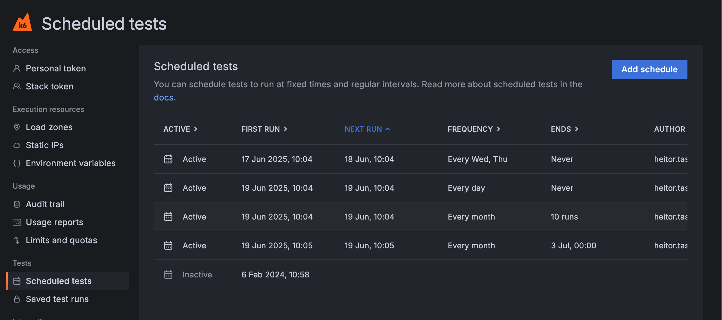 Test schedules table in Grafana Cloud k6, showing active and inactive schedules.