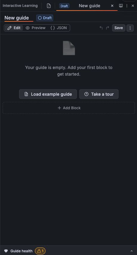 Block editor with a new guide, Edit, Preview, and JSON views, the Save button, and Add block control.