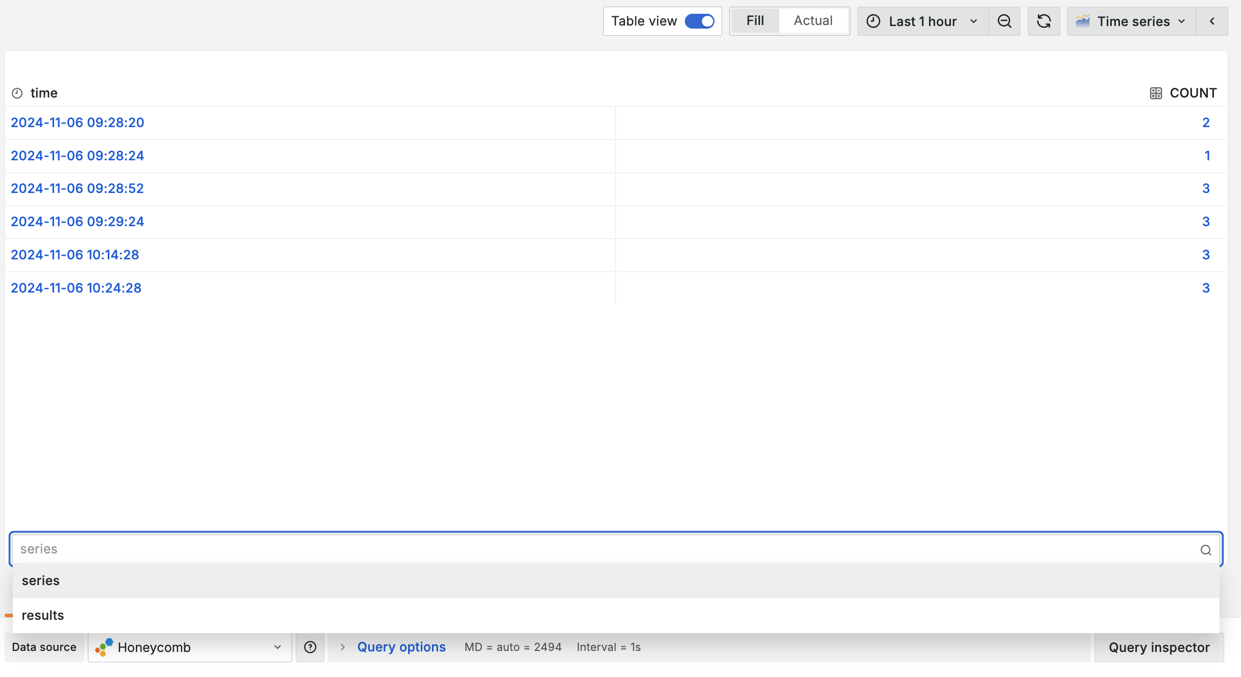 Returned data frame options in the Honeycomb query editor Returned data frame options in the Honeycomb query editor