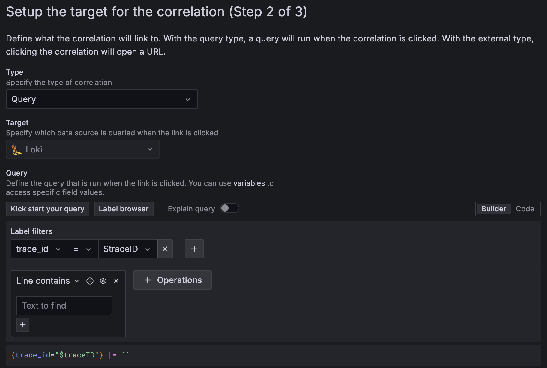 Setting up a correlation for a Loki target using trace variables