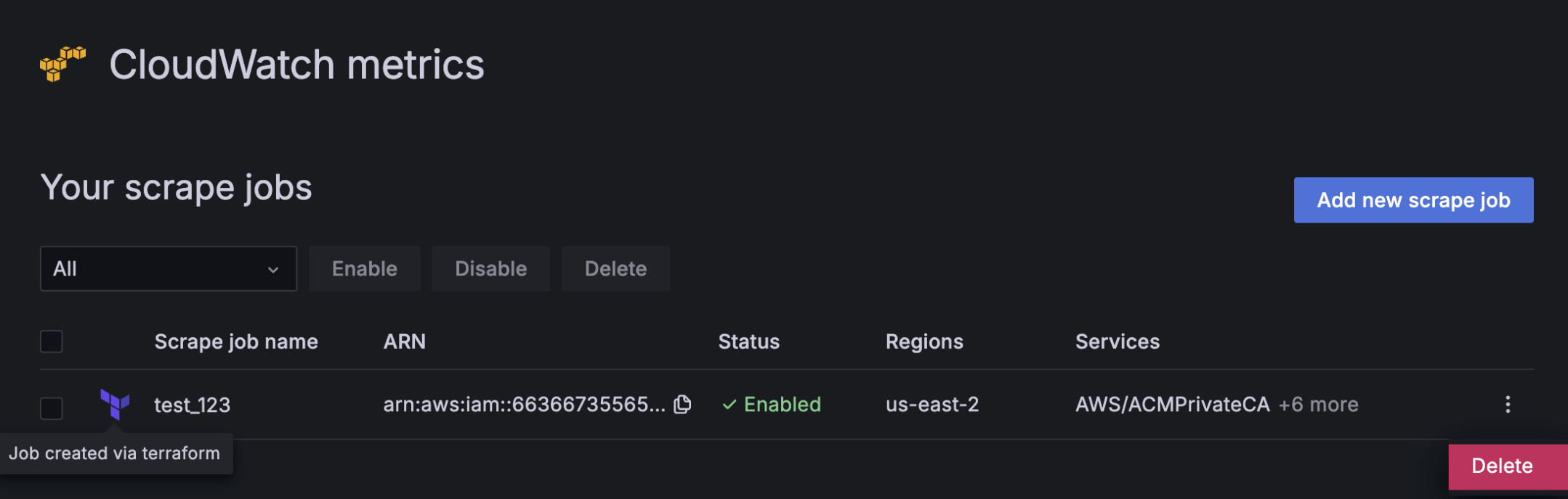 A list of scrape jobs with details such as ARN, status, region, and services