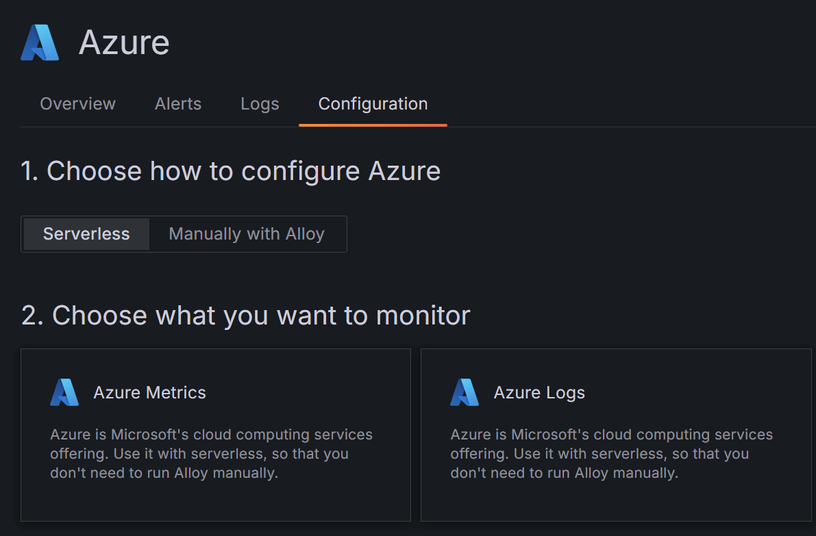 Configuration page for Microsoft Azure Observability app in Grafana Cloud