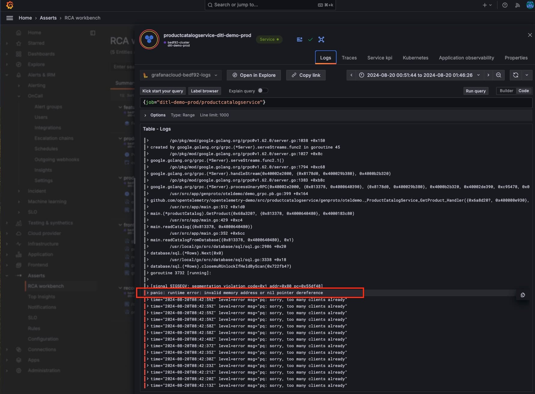 Log lines for example product service using Asserts and Grafana Cloud