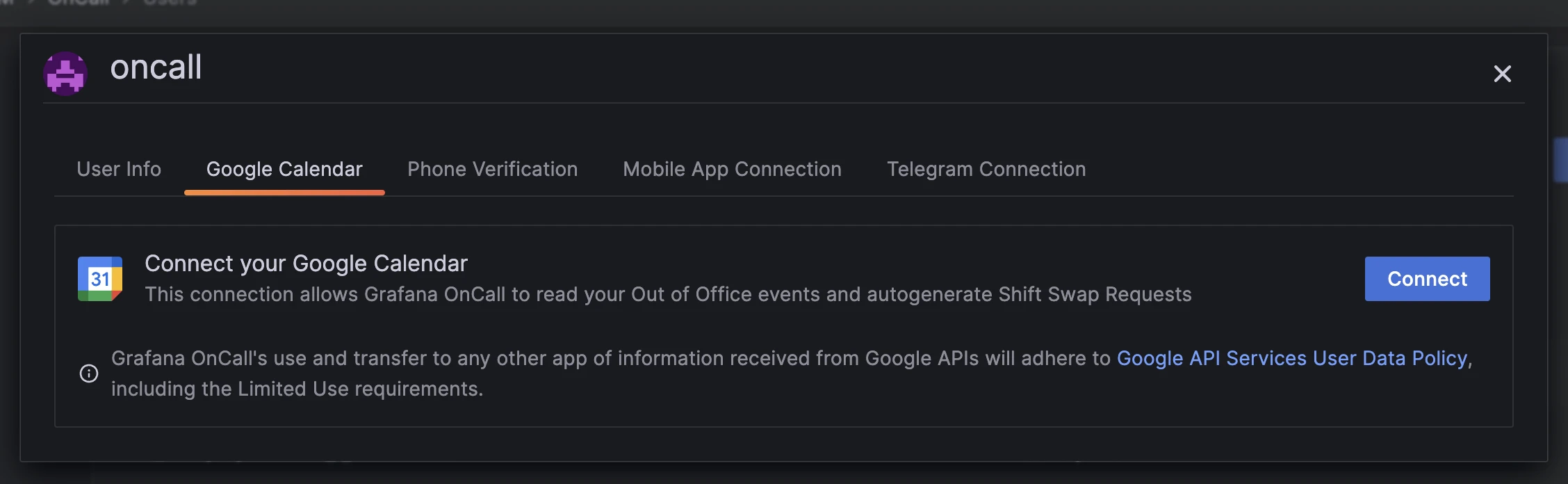Google Calendar tab in Grafana OnCall asking to connect with the services