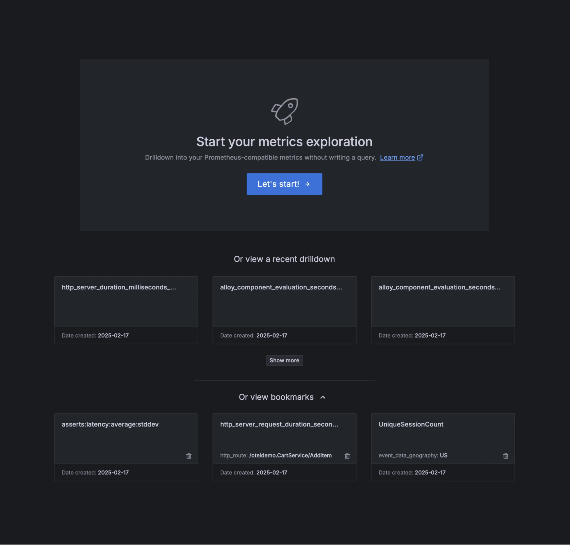 Start your metrics exploration page in the UI