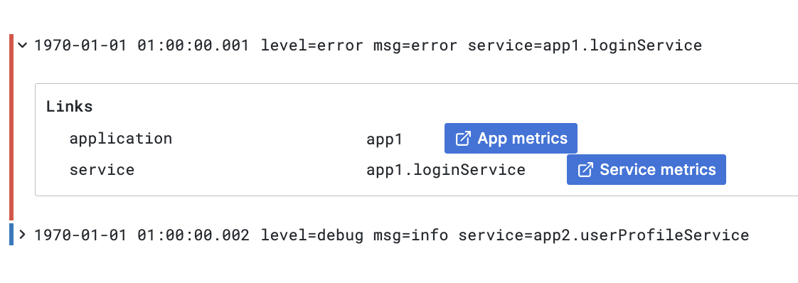 Correlation links in Logs panel Correlation links in Logs panel
