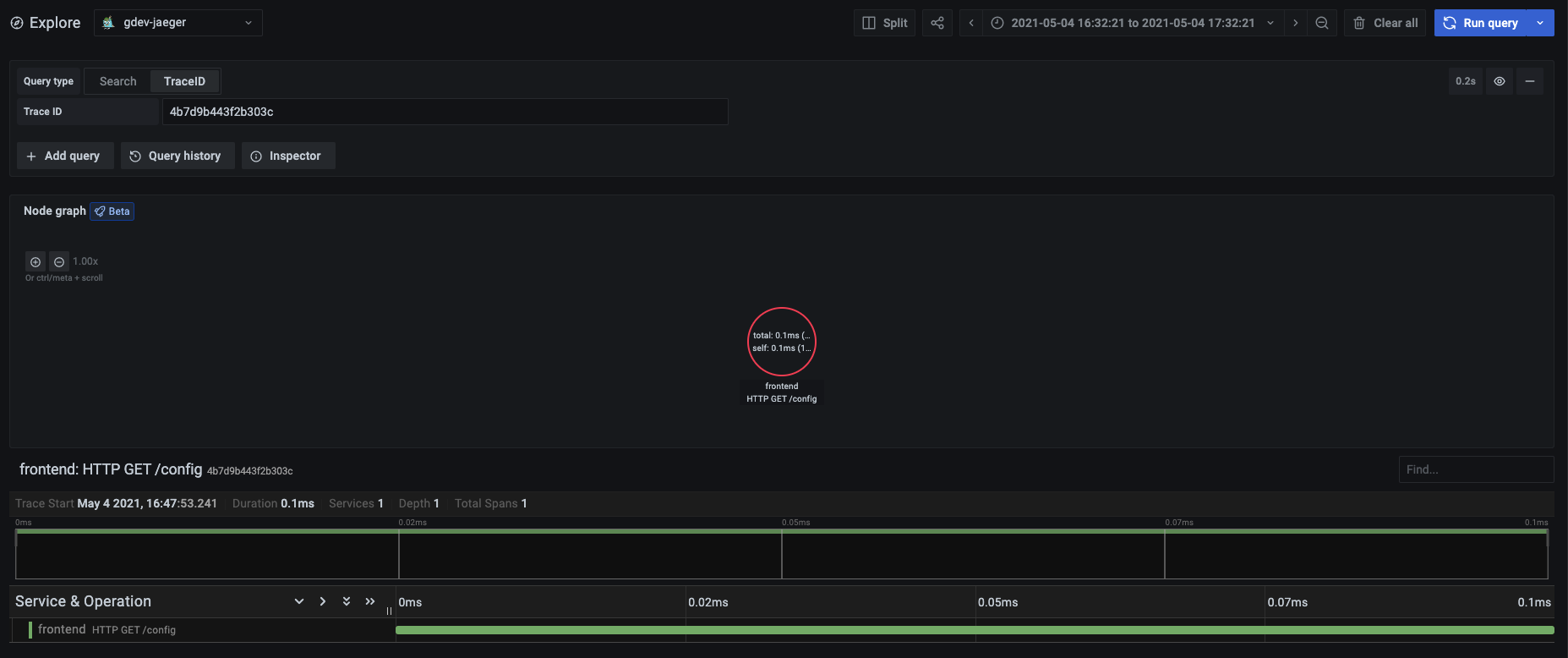 Jaeger query editor with TraceID selected Jaeger query editor with TraceID selected