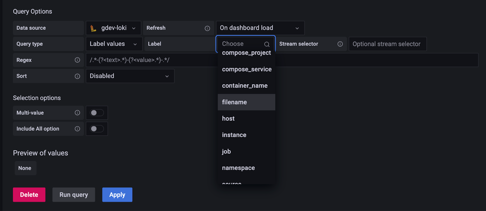Creating a template variable query for Loki Creating a template variable query for Loki